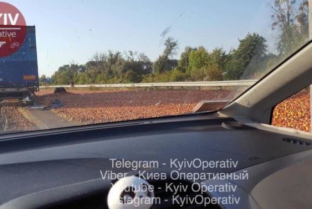 Килим з яблук. На трасі Київ-Харків перекинулася фура, засипавши дорогу фруктами 