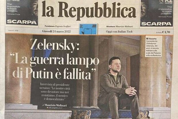 Володимир Зеленський в інтерв’ю найбільшій газеті Італії: «Кожен з нас президент і кожен з нас воїн. Ми всі будемо битися – до останнього»