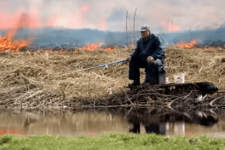 У мережі набирає популярність відео, де чоловік спокійно ловить рибу на тлі бурхливої пожежі