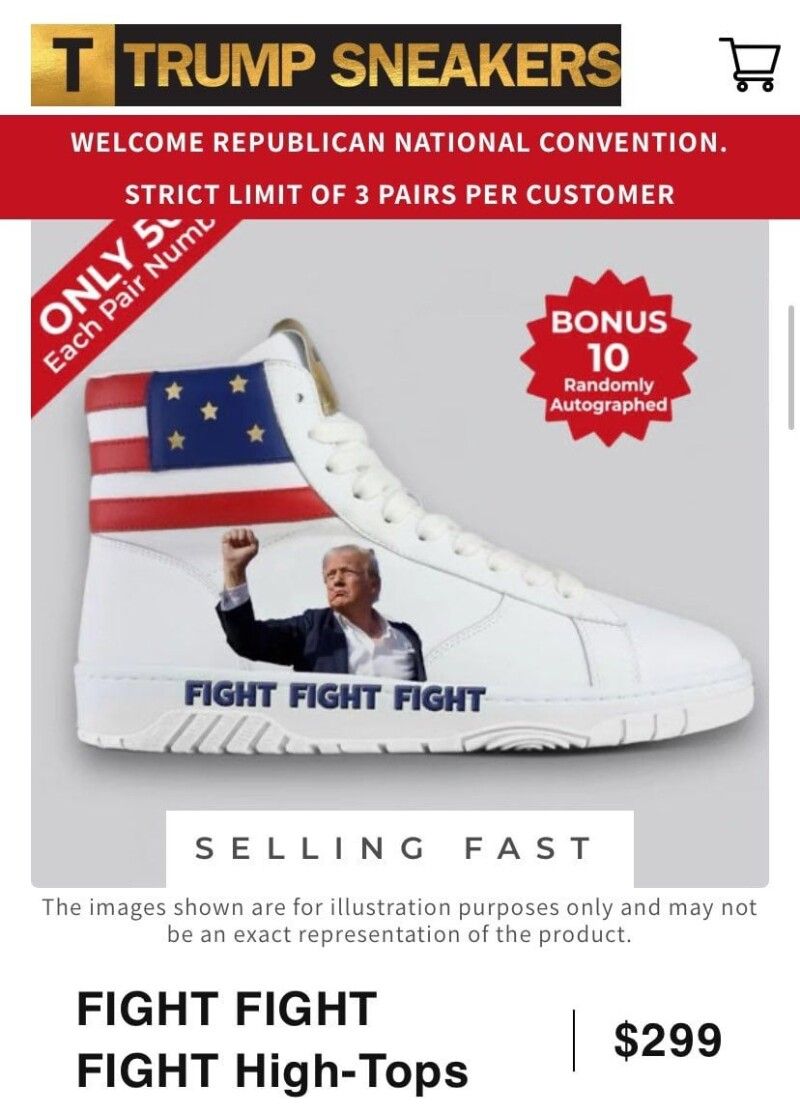 Після замаху на своє життя Трамп не розгубився: продає кросівки, які нагадують виборцям про стрілянину на мітингу в Пенсильванії... Фото EPA.