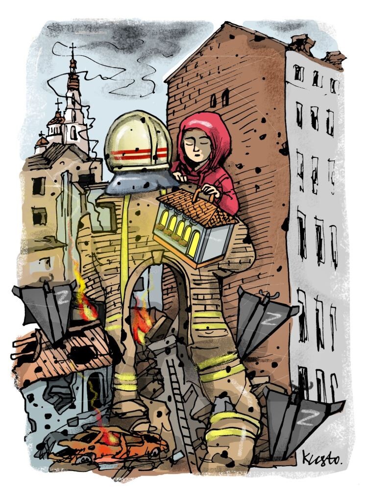 Після ворожої атаки на Харків по дитячому садочку художник Олексій Кустовський створив цю зворушливу ілюстрацію «Дівчинка з будиночком», на якому пожежник виносить малу, яка не випускає  з рук і рятує свою іграшку.