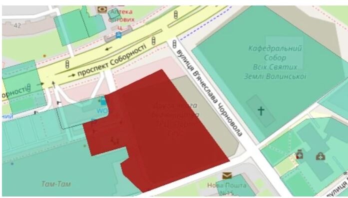 Ділянка, на якій буде забудова, позначена червоним кольором. Фото: kadastr.live.