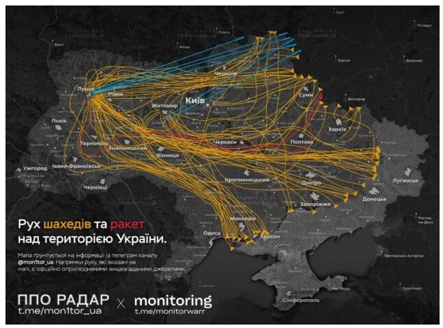 Напрямок ударів ракет та БПЛА вночі 9 липня. Фото: t.m/monitorwarr.