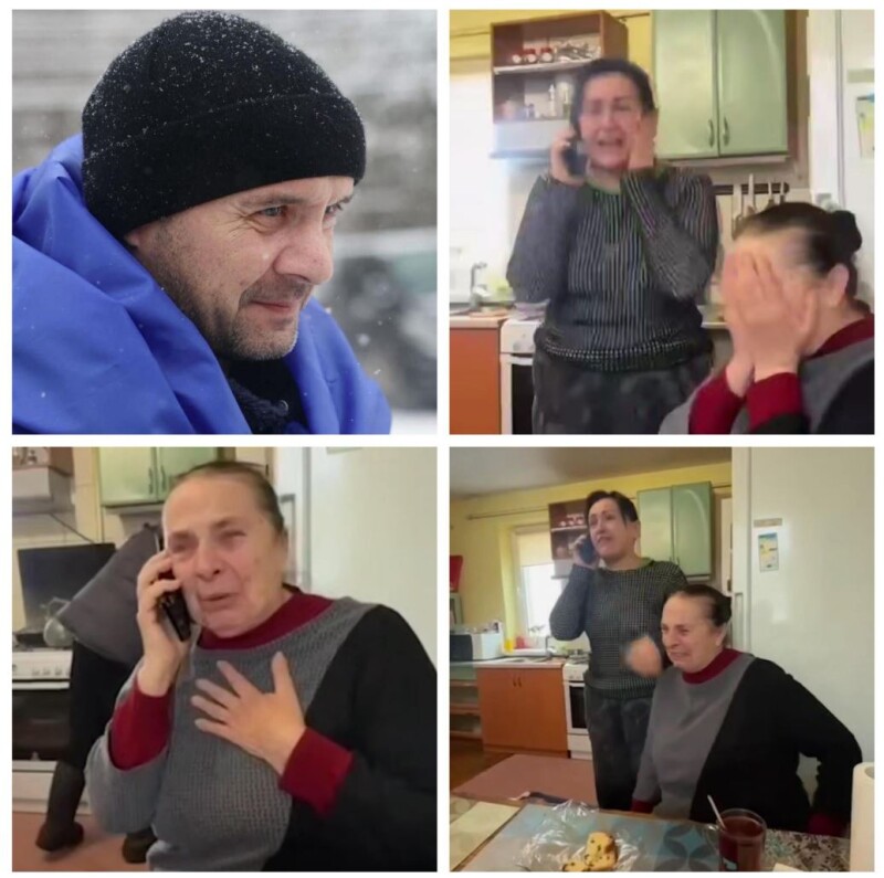 На фото емоції мами і сестри захисника, які по телефону почули голос Назара, який повернувся з полону.