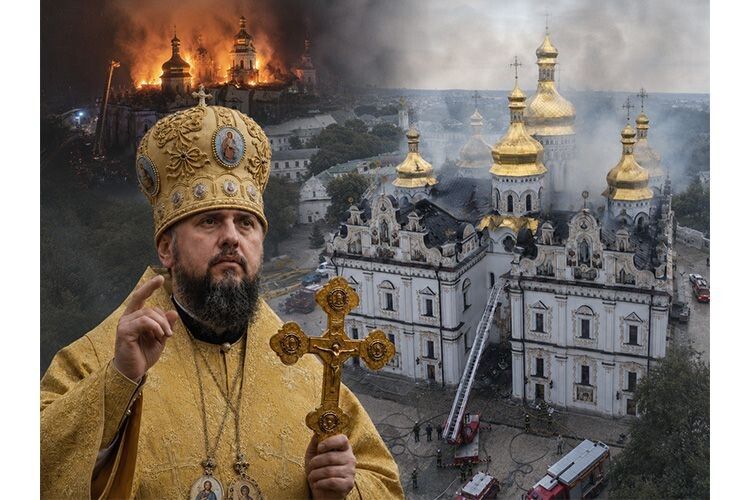 Поранена святиня: наслідки пожежі в Успенському соборі Києво-Печерської лаври після російської атаки. На передньому плані – Митрополит Епіфаній.