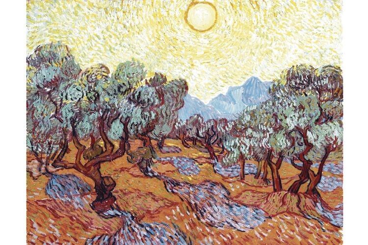 Картину «Оливкові дерева з жовтим небом і сонцем» Вінсент Ван Гог написав 1889 року.  А Стен Герд по-своєму скопіював її через понад  125 літ (фото вгорі).