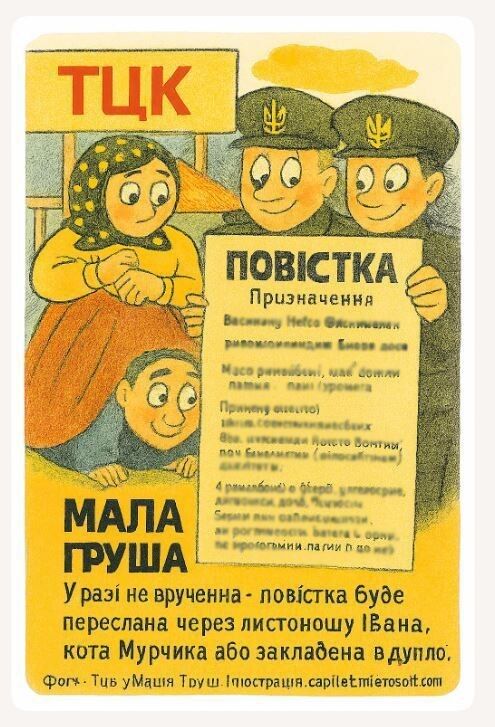 Олена-Лєна рано раділа. «У разі не вручення – повістка буде переслана через листоношу Івана, кота Мурчика або закладена в дупло», – попередили усіх у Малій Груші працівники ТЦК.