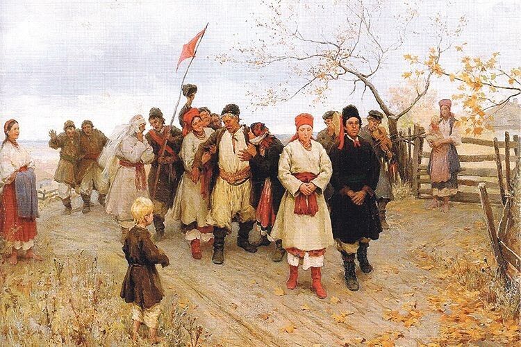 Червоний колір ставав свідченням «чистоти» нареченої перед молодим і його родом. Це і зобразив Микола Пимоненко на своїй картині «Весілля в Київській губернії» у 1891 році.