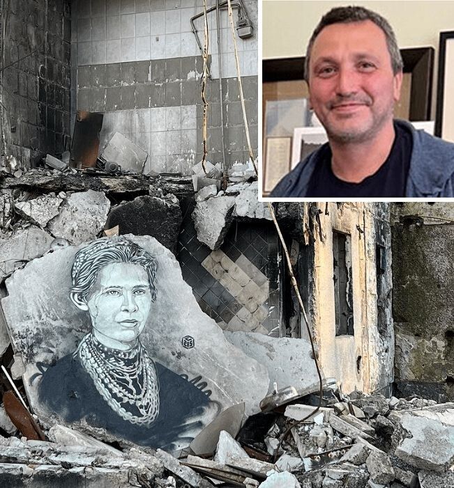 Завдяки Крістіану Гемі на стінах зруйнованого росіянами будинку у Бородянці з'явився портрет Лесі Українки.