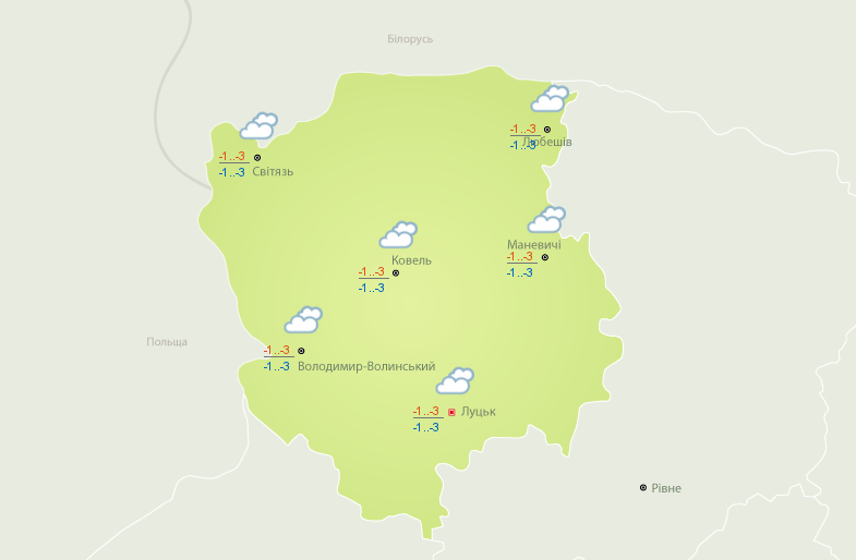 Такою буде погода сьогодні на Волині. Карта – Український гідрометеоцентр.