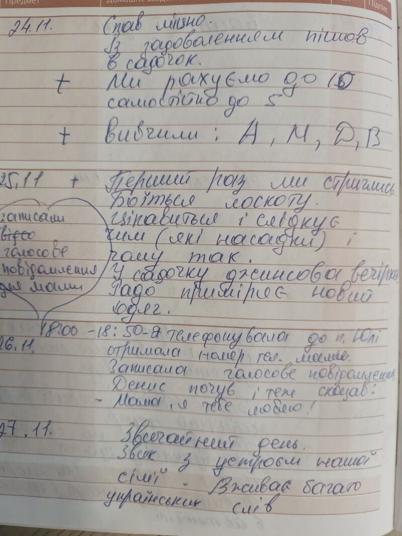 Сторінка зі щоденника Алли Гонтар, який вона веде з перших днів життя Дениска в патронатній сім’ї, створеній нею.