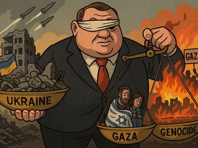 Ілюстрація до матеріалу «Геноцид триває – але не в Газі» історика Ніла Ферґюсона у The Times.