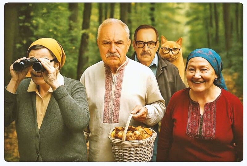 «Я то дивувалася, – скаже потім баба Параска (праворуч), – чого це вони до лісу не запросили мого Омеляна, який знає грибні місця».