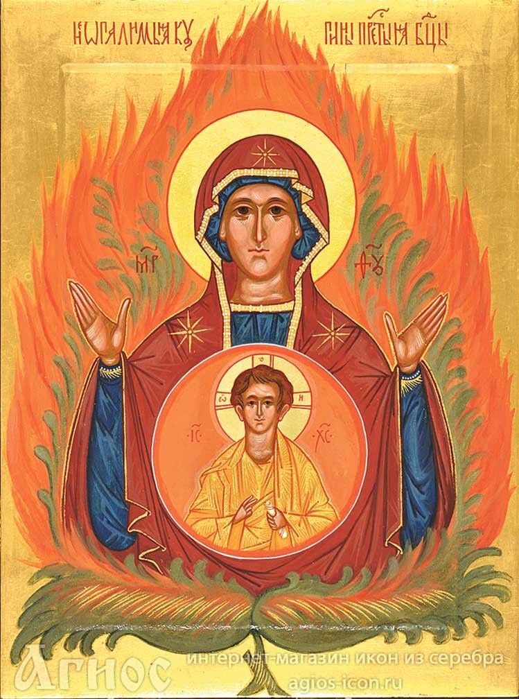 Кущ у вогні, який горить і не згорає, — один зі старозавітних прообразів Божої Матері. 