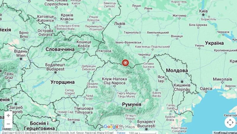 Червоним кружечком позначено епіцентр землетрусу. Фото: gcsk.gov.ua.