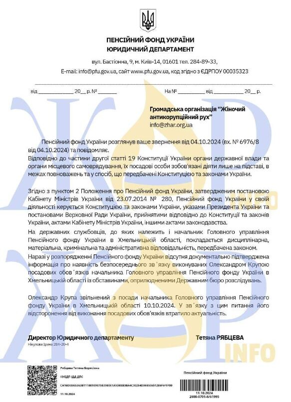 Відповідь ПФУ на запит журналістів ЖАР.INFO щодо звільнення Олександра Крупи.