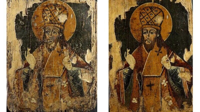 Ікона «Святий Феодосій, архієпископ Чернігівський» 19 ст., до та після реставрації. 