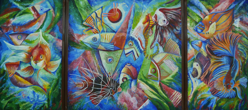 А ці рибки сподобалися учням Івана Володимировича на відкритті його персональної виставки в культурно-мистецькому центрі «Красне». Картина Івана ХОМ’ЯКА.