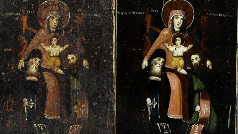 Ікона «Знамення Пресвятої Богородиці» 17 ст., до та після реставрації. 