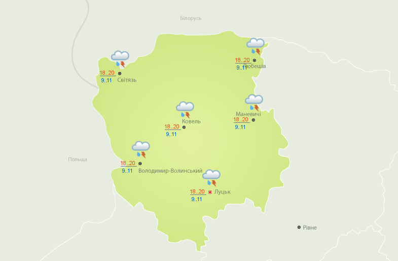 Такою буде погода сьогодні на Волині. Карта – Український гідрометеоцентр.